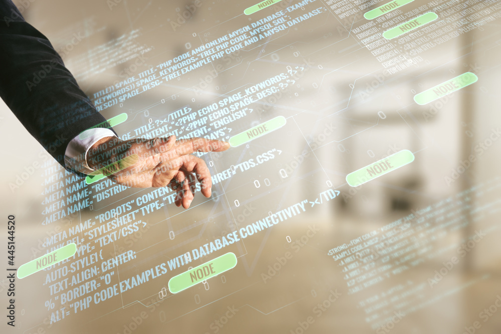 Poster man hand clicks on abstract virtual coding illustration on blurred office background, software devel