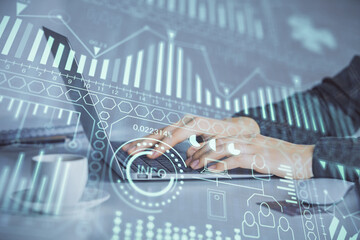 Double exposure of woman hands typing on computer and technology theme drawing. High Tech concept.