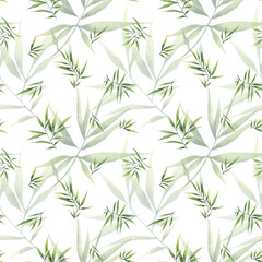 Seamless watercolor pattern with large branches and bamboo leaves on a white background. Botanical illustration for fabrics, clothing, decor, packaging.