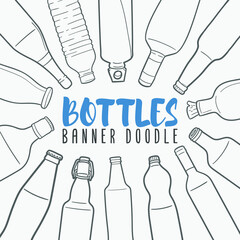 Bottles  Doodle Banner Icon. Plastic And Glass Vector Illustration Hand Drawn Art. Line Symbols Sketch Background.