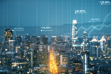 Multi exposure of abstract virtual graphic data spreadsheet sketch on San Francisco cityscape background, analytics and analysis concept