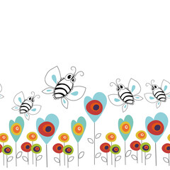 pattern with contour flowers and bees 