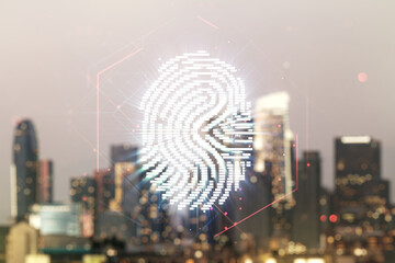 Multi exposure of virtual creative fingerprint hologram on blurry cityscape background, personal biometric data concept