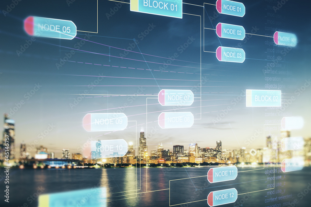 Poster multi exposure of abstract programming language hologram on chicago office buildings background, art
