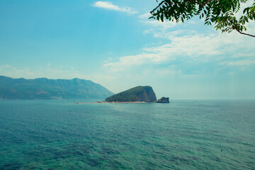 An island in the middle of the tropical ocean with trees in the foreground