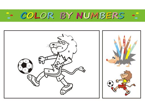 Lion and soccer ball, coloring book, color by numbers.  Learn numbers for kindergartens and schools. Educational game. Worksheet for education.