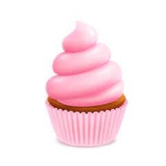 Pink cake with whipped cream, realistic vector cupcake.