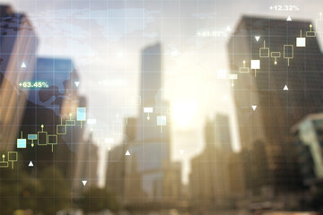 Double exposure of abstract financial chart with world map on office buildings background, research and analytics concept