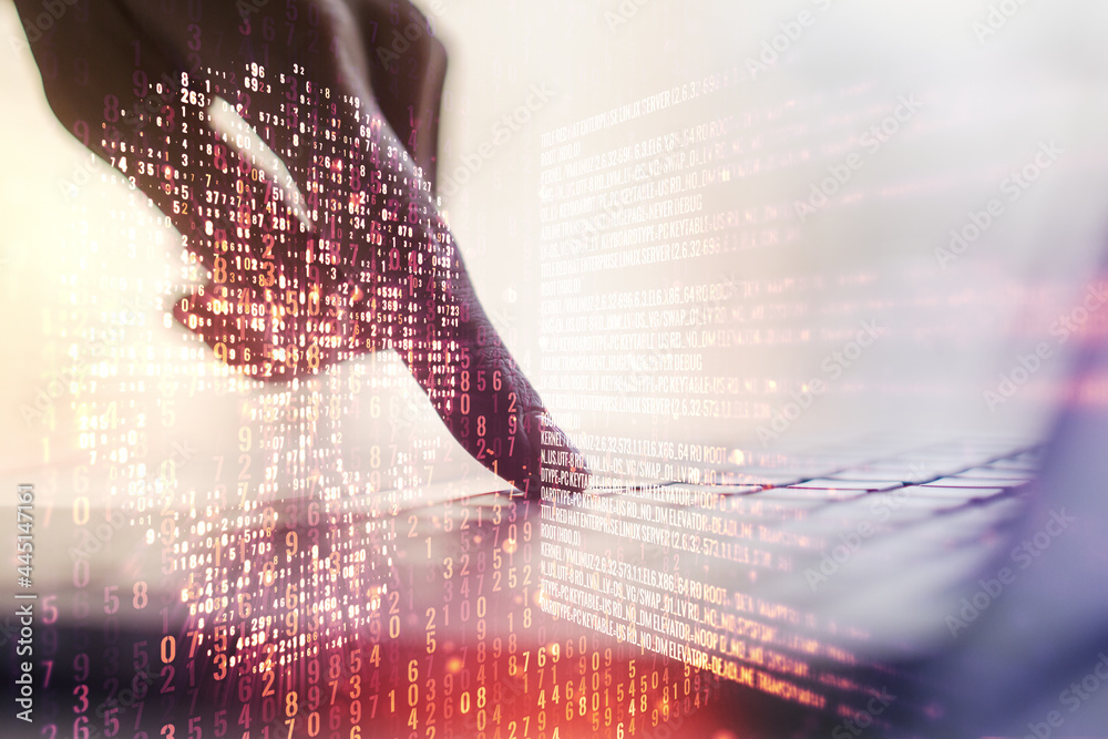Poster double exposure of creative code skull hologram and hands typing on laptop on background. malware an