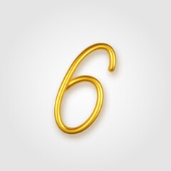 Gold 3d realistic number 6 sign on a light background.