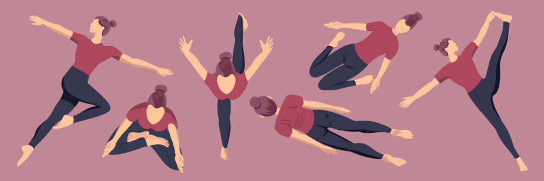 Big set of sports icons, yoga for women, flat minimalist style, top view. Vector illustration.