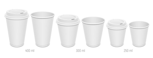 Set of vector realistic blank double layer coffee cups with lids. Different sizes of open and closed paper glasses for hot takeaway drinks.