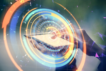 Double exposure of tech icon hologram and woman holding and using a mobile device. Technology concept.