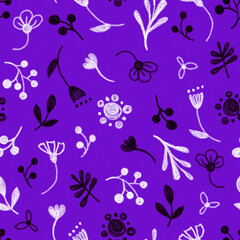 Fototapeta na wymiar Seamless pattern. Floral pattern, white and black twigs, berries and flowers on a purple background, drawing with chalk and charcoal.