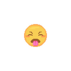 Pixel art disgust Emoji face icon. Vector cute pixel persevering emoticon. Filth Emoji in retro pixel 8 bit style. Sad disgusting emoji with tongue yellow face isolated icon.