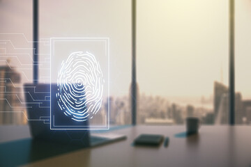 Multi exposure of creative fingerprint hologram and modern desktop with laptop on background, personal biometric data concept