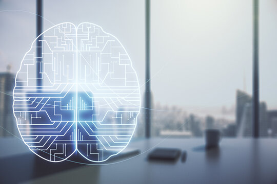 Double exposure of creative artificial Intelligence symbol and modern desktop with laptop on background. Neural networks and machine learning concept
