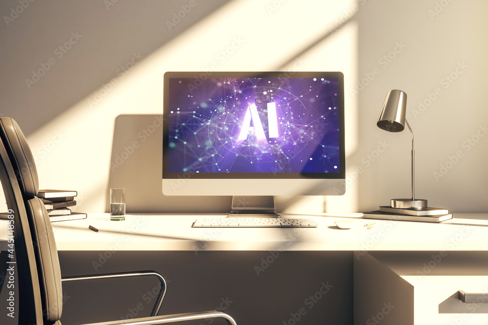 Aufkleber Creative artificial Intelligence symbol concept on modern laptop screen. 3D Rendering