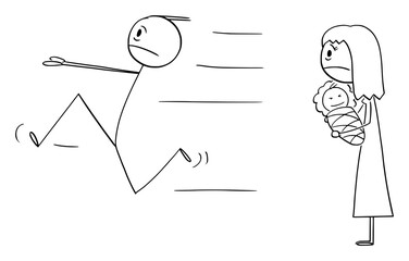Father of New Born Baby is Running Away from Responsibility or Parenthood, Vector Cartoon Stick Figure Illustration