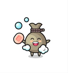 money sack character is bathing while holding soap