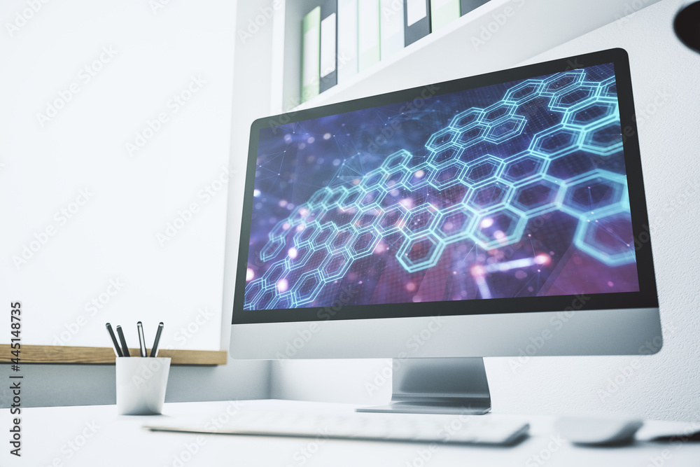 Poster modern computer monitor with technology hologram with hexagon. research and development software con