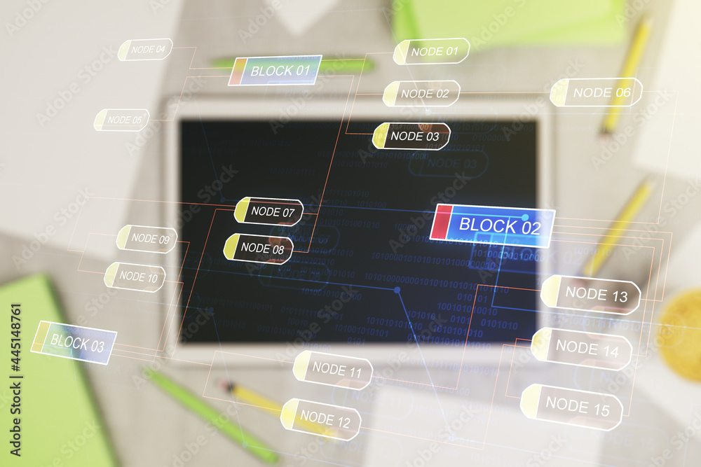 Aufkleber Multi exposure of abstract software development hologram and digital tablet on background, top view, research and analytics concept