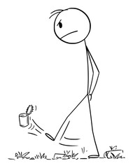 Angry Frustrated Man Walking and Kicking the Garbage, Vector Cartoon Stick Figure Illustration