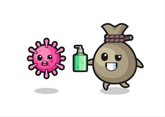illustration of money sack character chasing evil virus with hand sanitizer