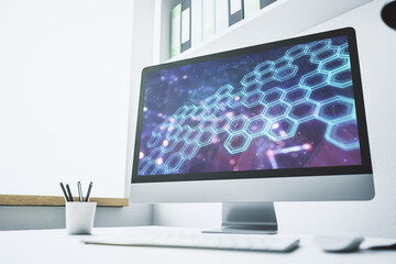 Modern computer monitor with technology hologram with hexagon. Research and development software concept. 3D Rendering