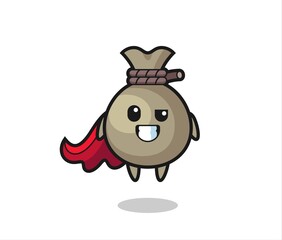 the cute money sack character as a flying superhero