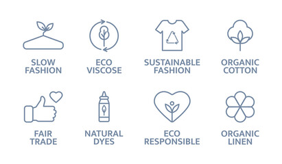 Sustainable clothes line icon set. Slow fashion logo. Eco viscose product badge. Organic cotton, natural dyes, renewable crops label. Fair trade. Conscious development. Vector illustration