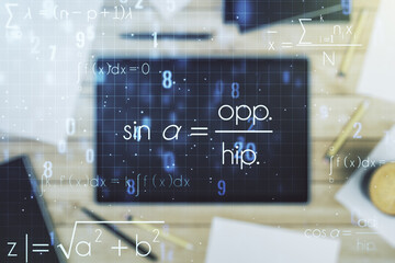 Double exposure of creative scientific formula concept and digital tablet on background, top view, research and development concept