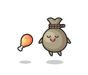 cute money sack floating and tempted because of fried chicken