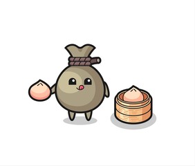 cute money sack character eating steamed buns