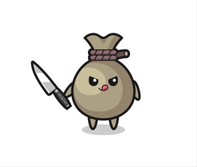 cute money sack mascot as a psychopath holding a knife