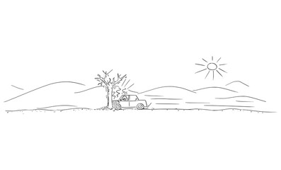 Car Crash Accident into Tree, Driver Hit the Only Tree in Empty Desert, Vector Cartoon Stick Figure Illustration