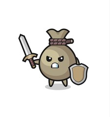 cute money sack soldier fighting with sword and shield
