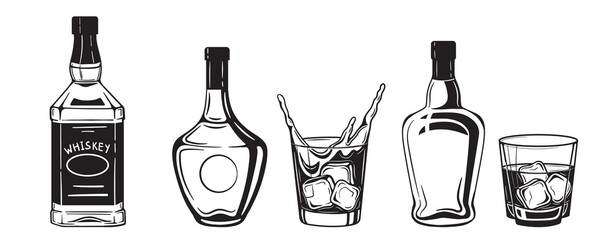 alcohol bottles drinks engraving vector set. Vodka, whiskey and cognac. Isolated black and white vintage style . - 445149343