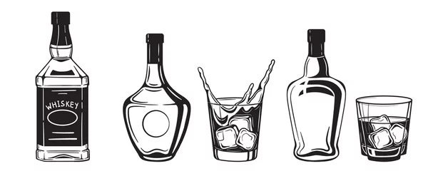 Fotobehang alcohol bottles drinks engraving vector set. Vodka, whiskey and cognac. Isolated black and white vintage style . © Валентина Семенович