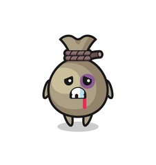 injured money sack character with a bruised face