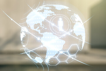 Obraz premium Virtual social network media hologram and world map on blurry contemporary office building background. Double exposure