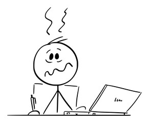 Stressed Overworked Person or Man Sitting Behind Desk Working in Office on Computer, Vector Cartoon Stick Figure Illustration