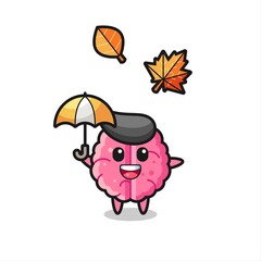 cartoon of the cute brain holding an umbrella in autumn