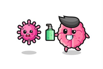 illustration of brain character chasing evil virus with hand sanitizer