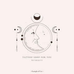 Celestial alchemy esoteric mystical magic talisman with moon phases, stars sacred geometry tattoo logo template. Spiritual occultism object. Vector illustrations in black outline style