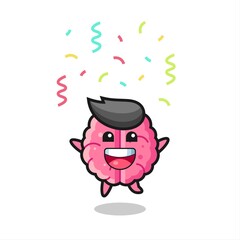 happy brain mascot jumping for congratulation with colour confetti