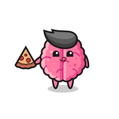 cute brain cartoon eating pizza