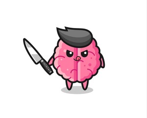 cute brain mascot as a psychopath holding a knife