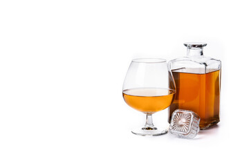 Cognac or whiskey drink isolated on white background. Copy space