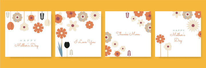 Set of mother day retro style greeting card background. Set of brochure designs on the subject of nature, spring, fall, summer, natural and organic products, environment. Vector illustration